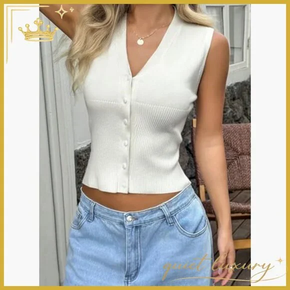 Sleeveless V-Neck Cropped Sweater Vest Button Front Lightweight Stretch Knit - Picture 3 of 5